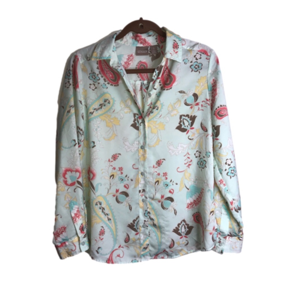 Chico’s Button Front Blouse Mint Green Print S Long Sleeves Paisley